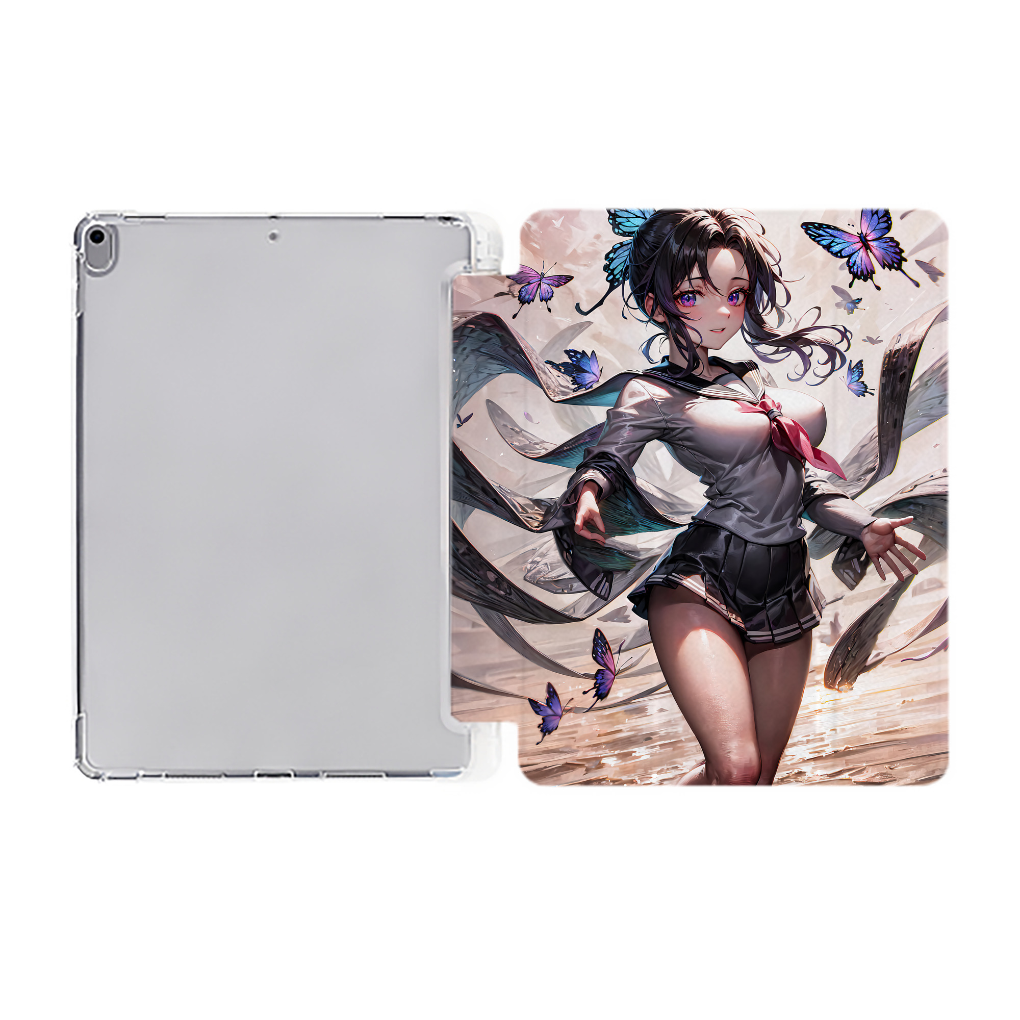 （画像用） 鬼滅の刃（きめつのやいば）蟲柱-胡蝶 しのぶ／こちょう しのぶ Kochou Shinobu IPad ケース ペン収納付き 三つ折りスタンド PUレザー×シリコン 対応機種9.5/10.5/10.9インチ